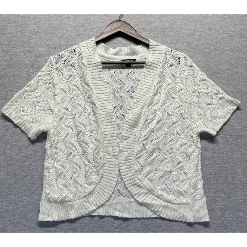 Notations Crop Cardigan Sweater Womens XL White Acrylic Short Sleeve Open Front